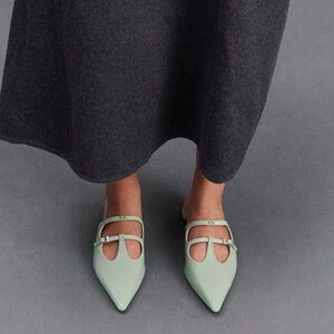 Charles & Keith Leather T-Bar Double-Strap Pointed Mules Mint Green